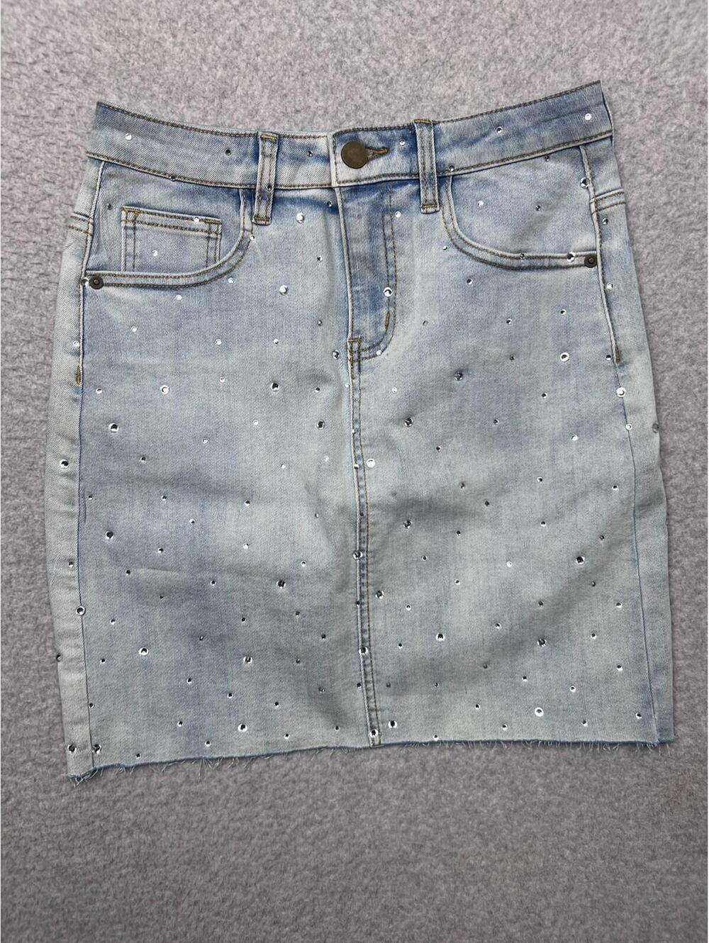 MESHKI Rhinestone Denim Mini Skirt S Light Wash Studded Diamond Festival Y2k